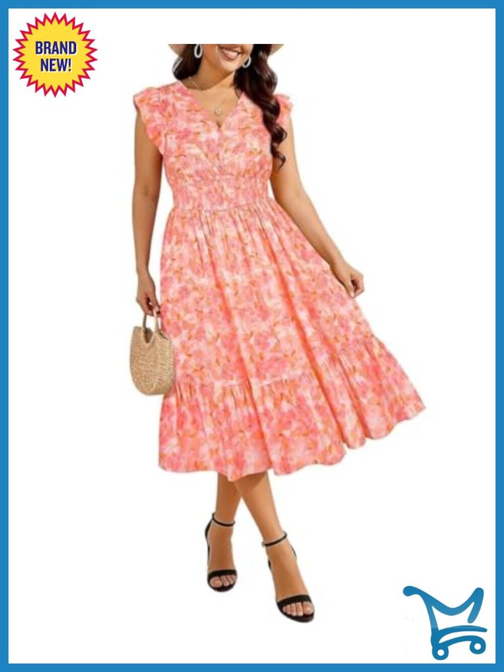 Womens Plus Size Midi Dress V Neck Boho Floral Ruffle Sleeve Smocked Sundress